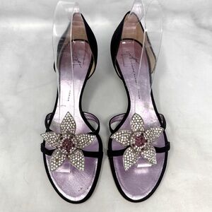Giuseppe Zanotti Vicini Vintage Y2K Embellish Flower Silk Kitten Heel Mules Rare